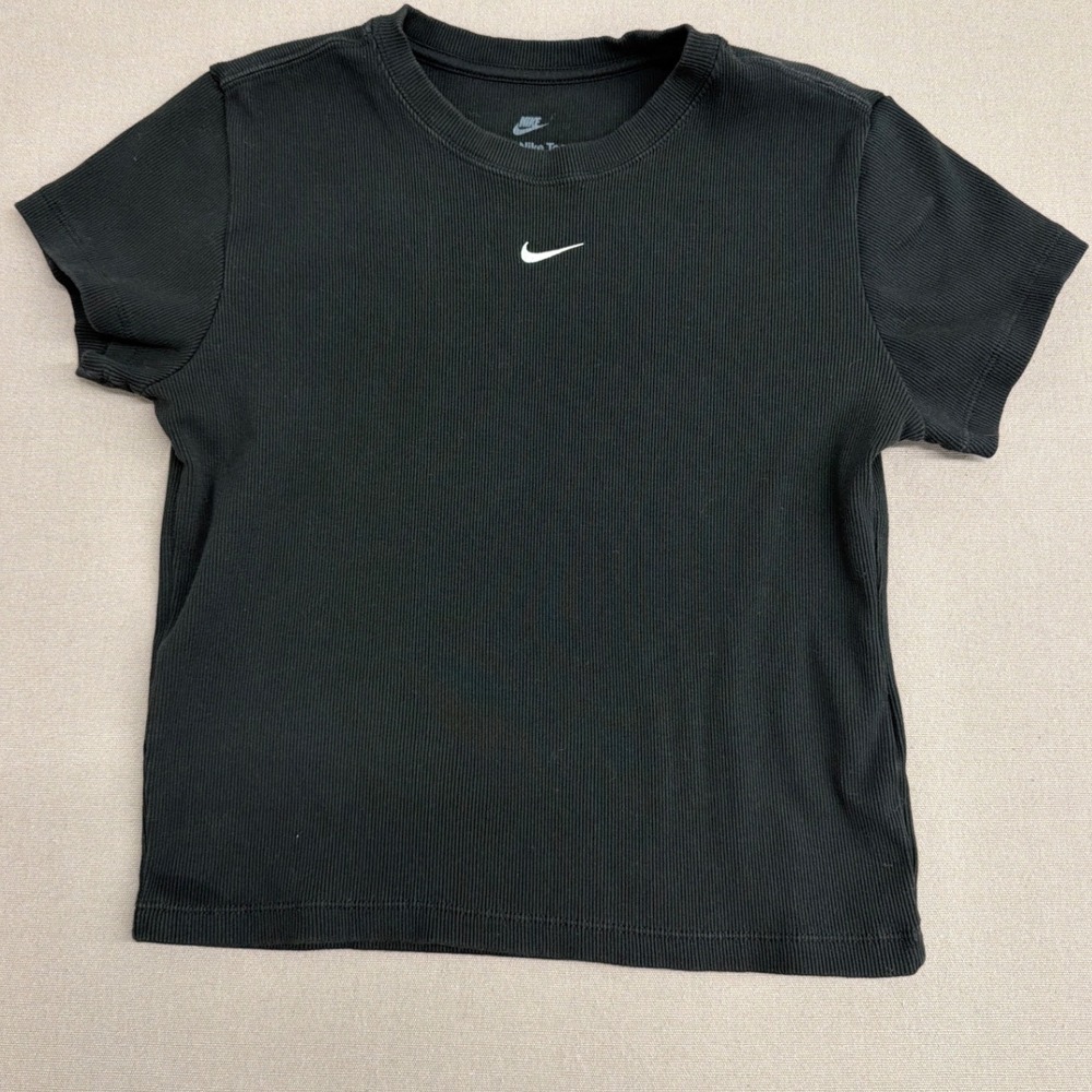 Nike Women Sportswear Essential Ribbed Crop Top Black Embroidered Swoosh Medium